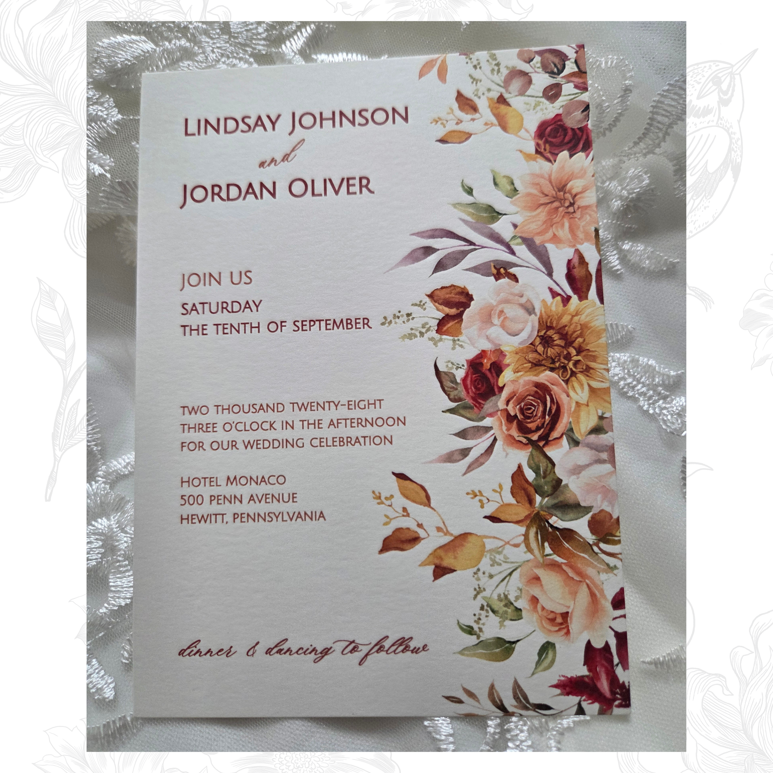 Floral Wedding Invitation | Boho Wedding Invitation | Fall Florals Wedding Invitation Suite | Wedding Invitation Sample | Pittsburgh Wedding Invitations | Willow and Lark Paper Co
