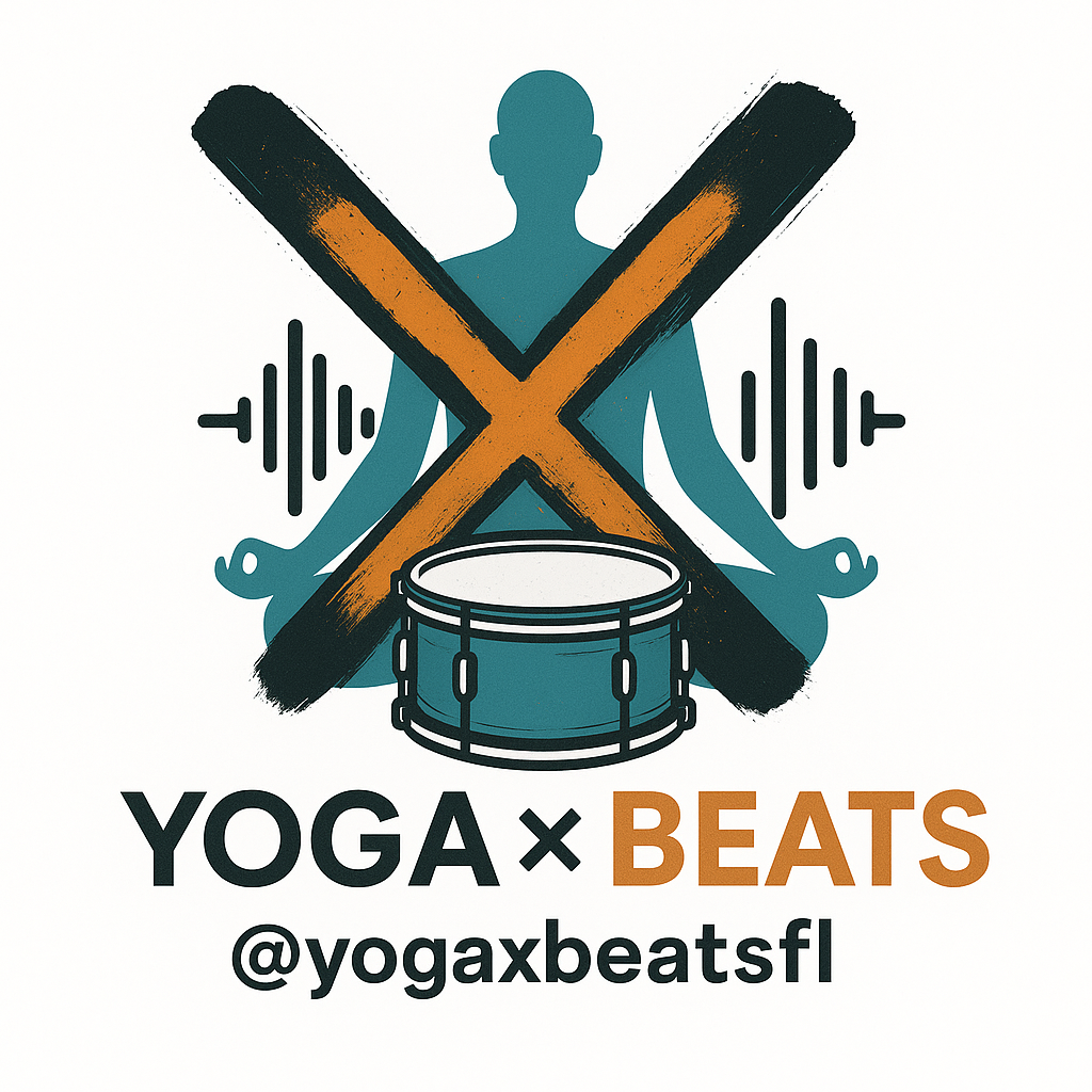 Logo for YOGA x BEATS featuring a person in a yoga pose, a drum, and crossed drumsticks, with soundwave icons, and the text '@yogaxbeatsfl'.