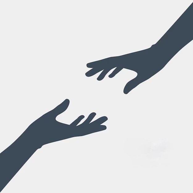 Two dark gray hands reaching towards each other, one from the top right and one from the bottom left, on a light gray background