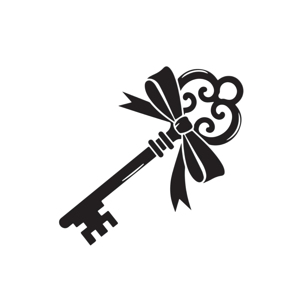 A black and white illustration of an ornate key with a bow in the shape of a bow and swirling designs, tied with a ribbon.