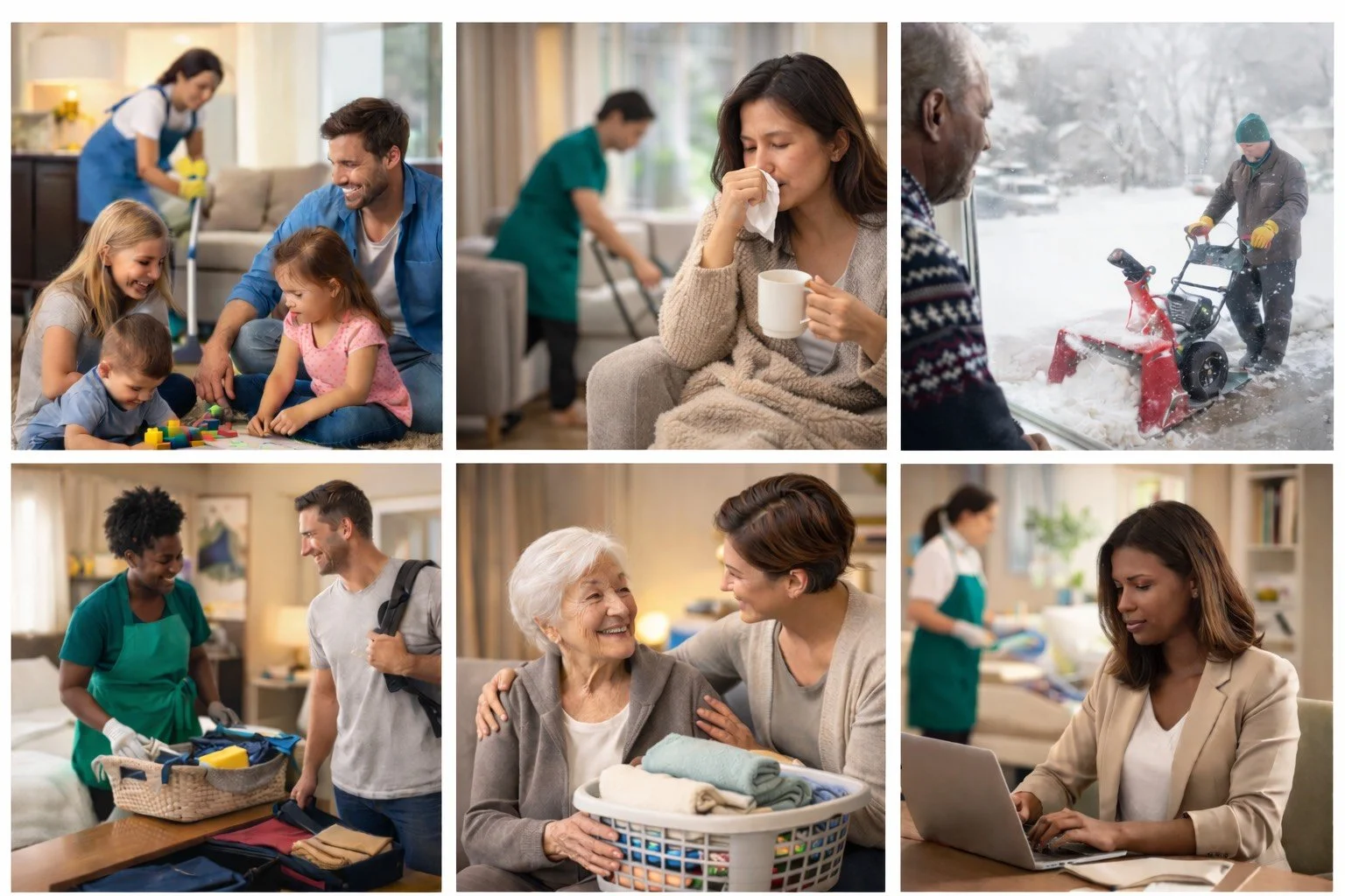 Collage of six scenes showing various people in everyday life. The top left shows a family playing game on the floor, the top center depicts a woman sneezing with a tissue and holding a mug, the top right shows a man snow blowing snow outside, the bottom left features a woman and a man talking with luggage, the bottom center illustrates an elderly woman with a caregiver folding laundry, and the bottom right displays a woman working on a laptop.