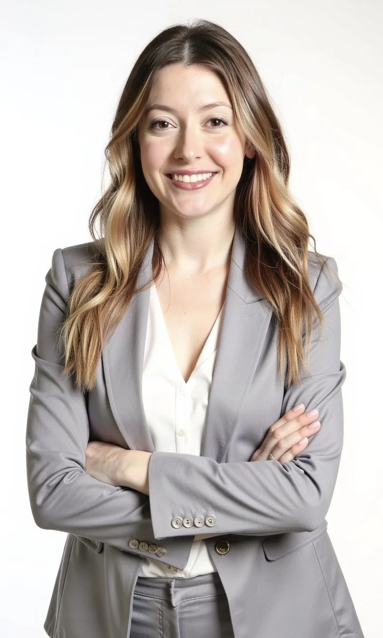 A woman with long, wavy light brown hair, smiling, wearing a gray blazer over a white blouse, with her arms crossed, standing against a white background.