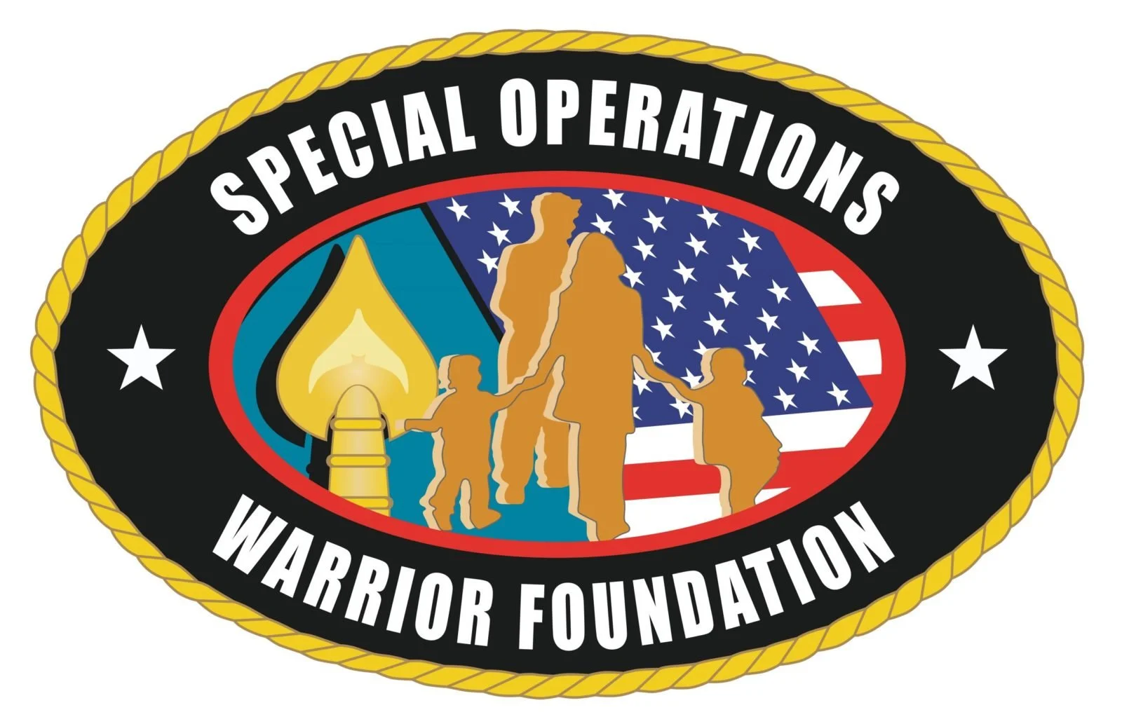 An emblem for the Special Operations Warrior Foundation featuring silhouettes of soldiers, a flame, a flag, and a star, with a black background and gold border.