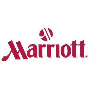 Marriott logo with a pink and purple color scheme and a stylized emblem above the word 'Marriott'.