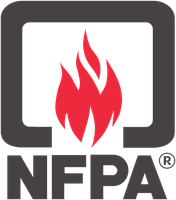 Computer monitor displaying a red flame, with the letters NFPA beneath