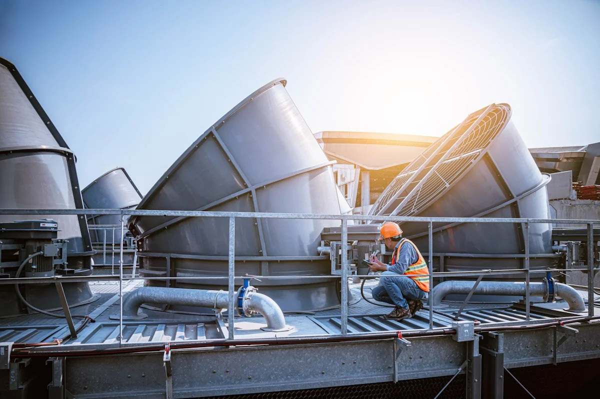 A construction worker wearing an orange hard hat and safety vest is crouching on a metal platform, examining or working with equipment on an industrial rooftop with large ventilation units and pipes, during sunlight.
