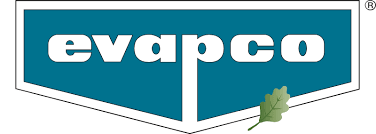 Evapco logo with blue shield background and green leaf detail