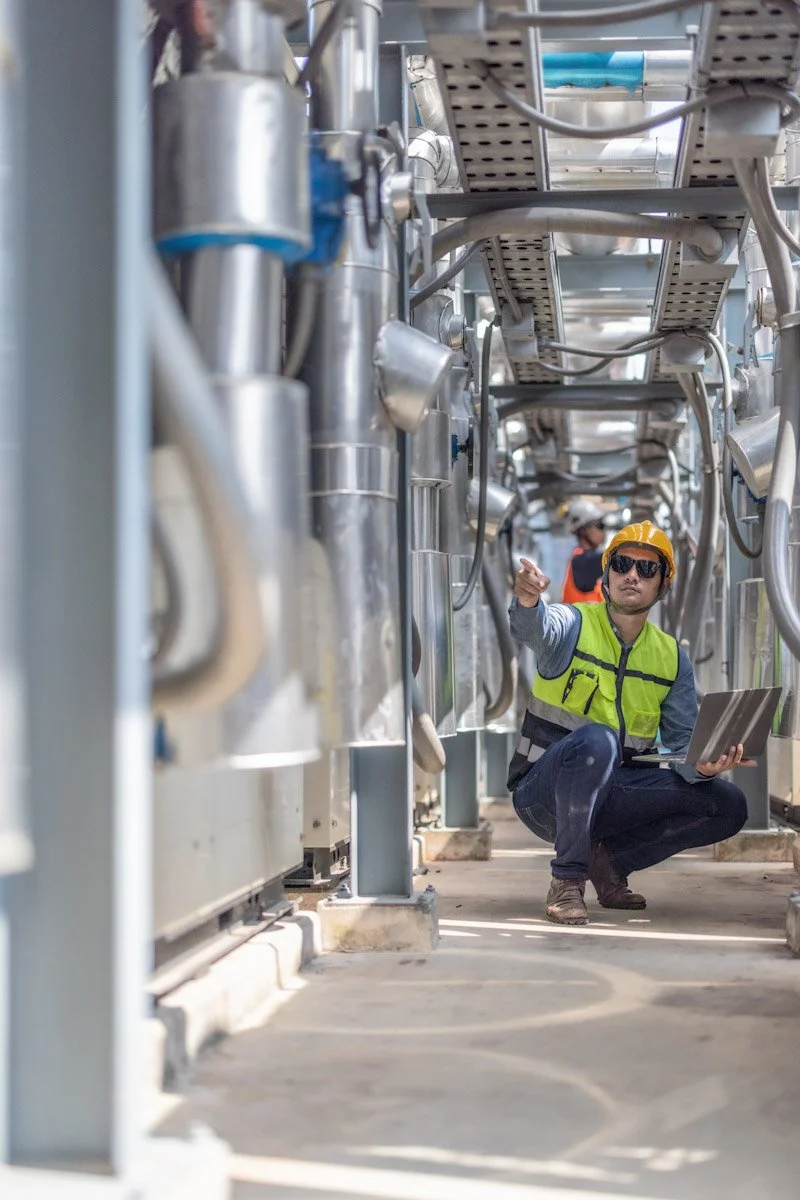 A construction worker wearing a yellow hard hat, sunglasses, and a neon safety vest kneeling on the ground inside an industrial facility with metal pipes and machinery, holding a laptop and pointing at something.
