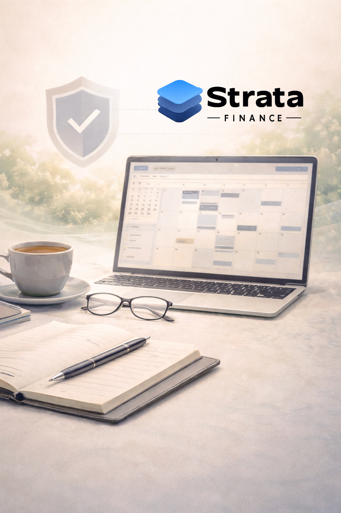Desk with an open laptop showing a calendar, a notebook with a pen, a cup of coffee, glasses, and a closed book. The background features a logo for Strata Finance and a shield icon. The overall setting suggests a work or planning environment.