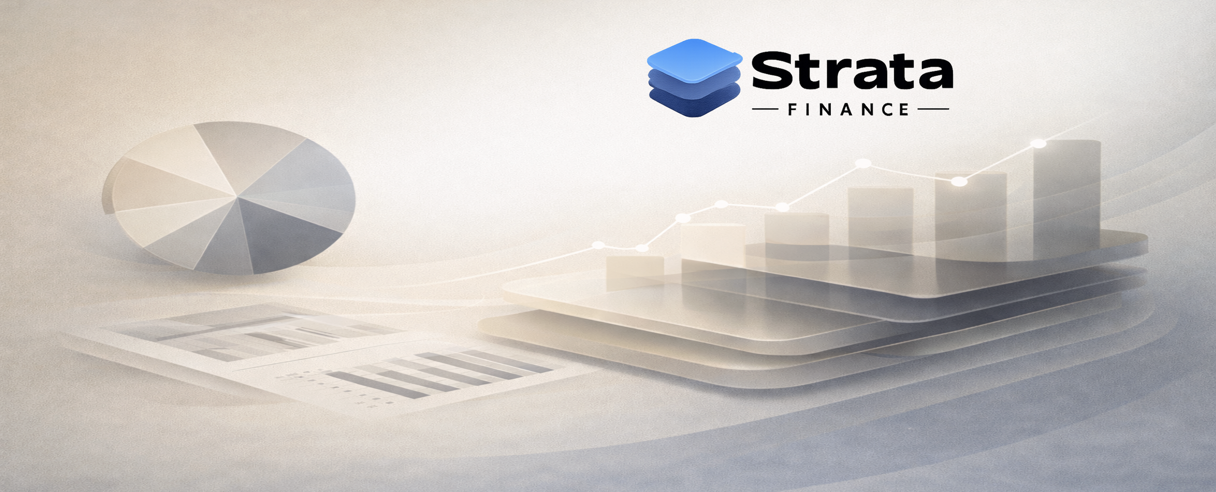 Strata Finance logo with financial charts, graphs, and a rising bar graph in the background.