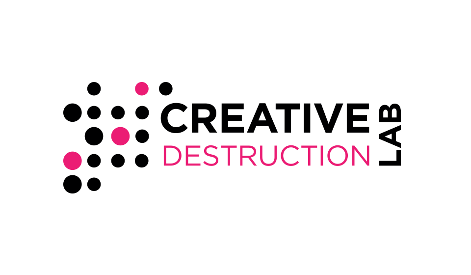 Logo for Creative Destruction Lab, featuring black and pink text and geometric dots.