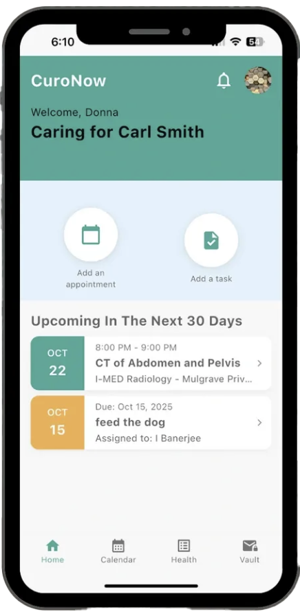 A smartphone displaying a pet healthcare app called CuroNow, showing upcoming appointments and tasks for caring for Carl Smith, including an upcoming radiology appointment on October 22 and feeding the dog due October 15.