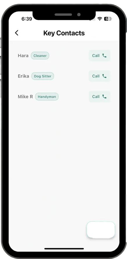 Screenshot of a smartphone displaying a contacts app with three contacts labeled Hara, Erika, and Mike R, along with their roles and call buttons.
