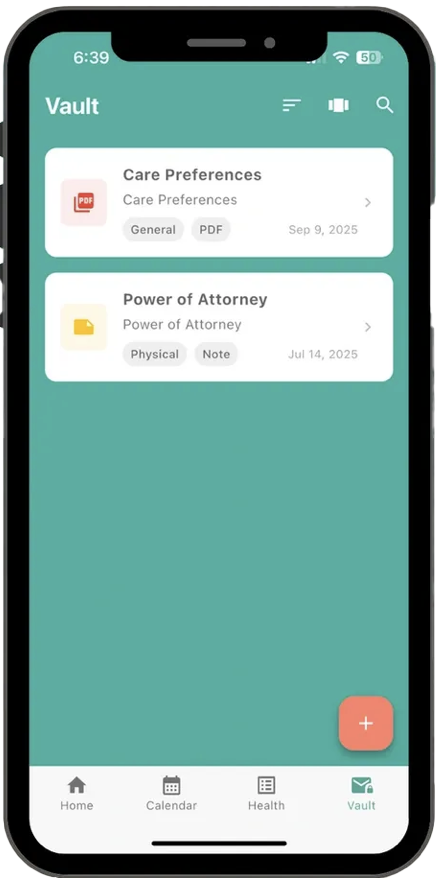 An iPhone screen displaying a mobile app with a teal background, showing a Vault section containing two documents: 'Care Preferences' PDF and 'Power of Attorney' note, with a red plus button at the bottom right corner.