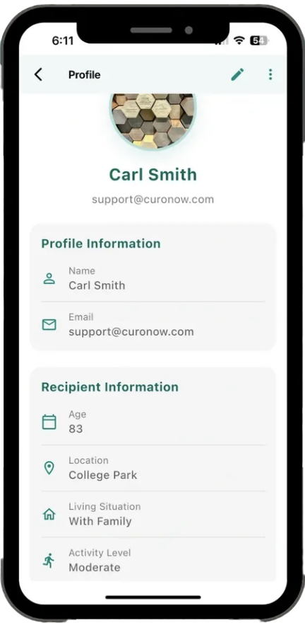 A smartphone screen displaying a profile page for Carl Smith with personal and recipient information, including age, location, living situation, and activity level.