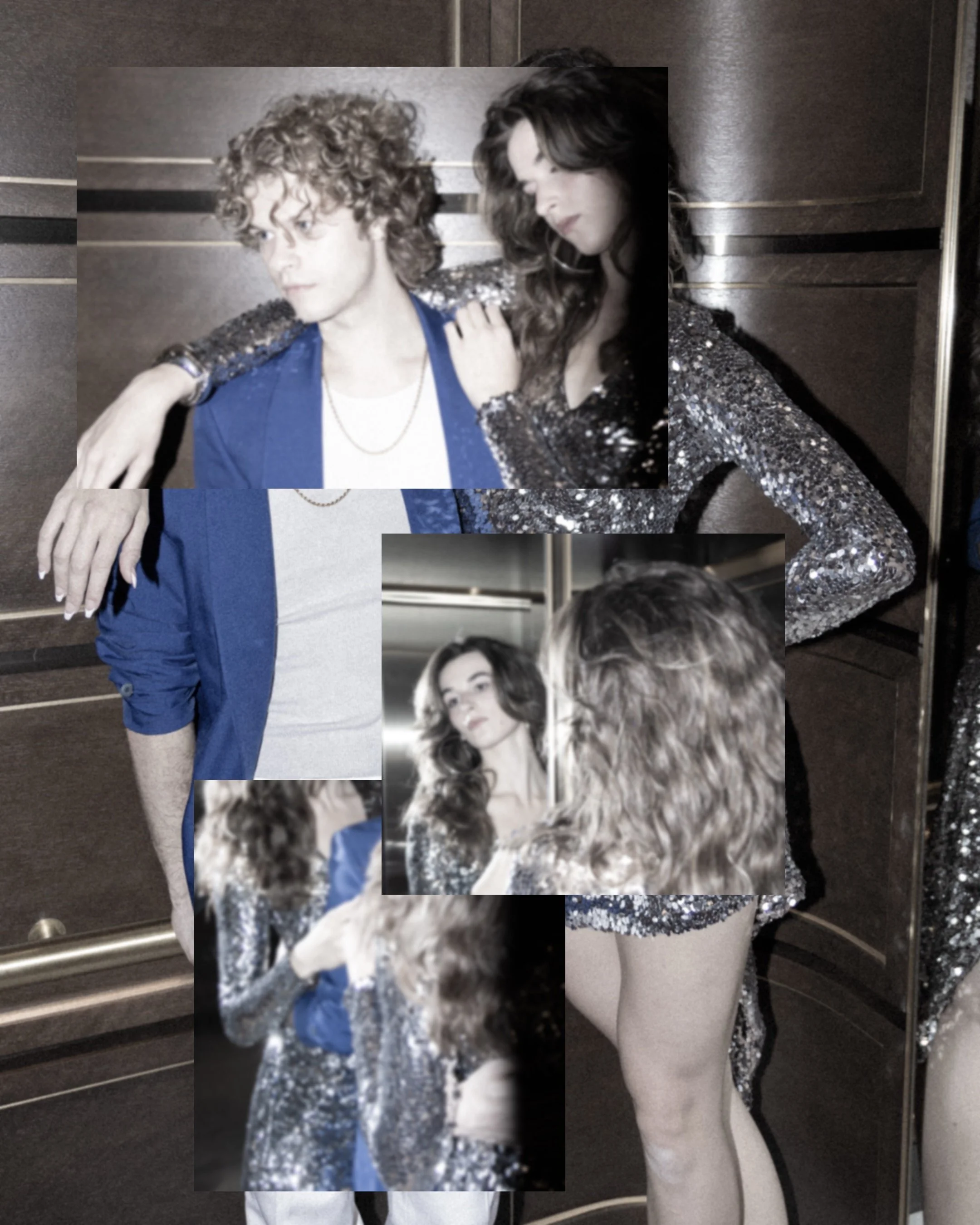 A collage of photos of two women with wavy hair and a young man with curly hair, dressed in stylish clothing, in an elevator with dark wood paneling and metallic elements.
