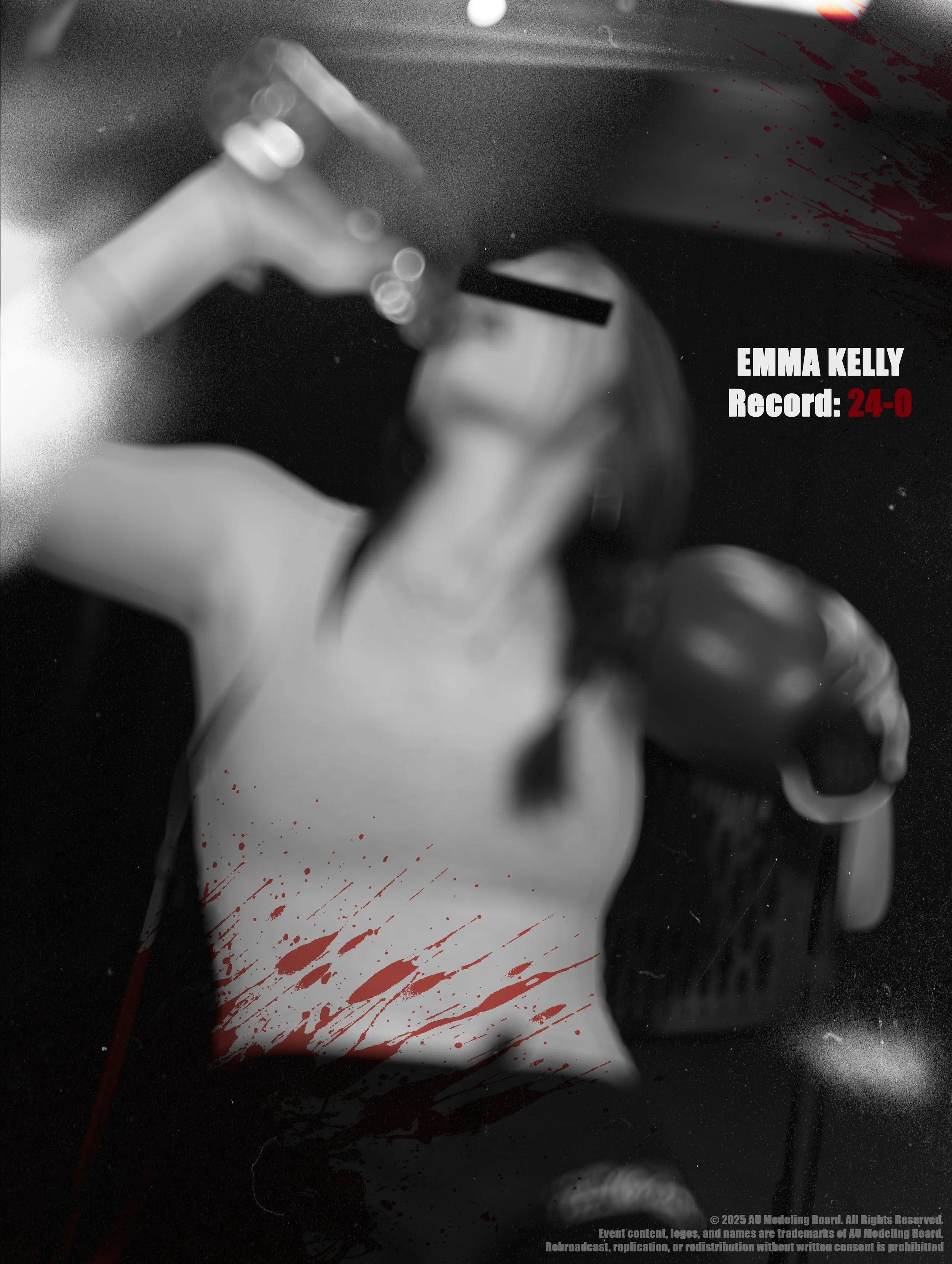A woman wearing boxing gloves, holding a headset in a boxing gym. The text on the image reads "Emma Kelly Record: 24-0."