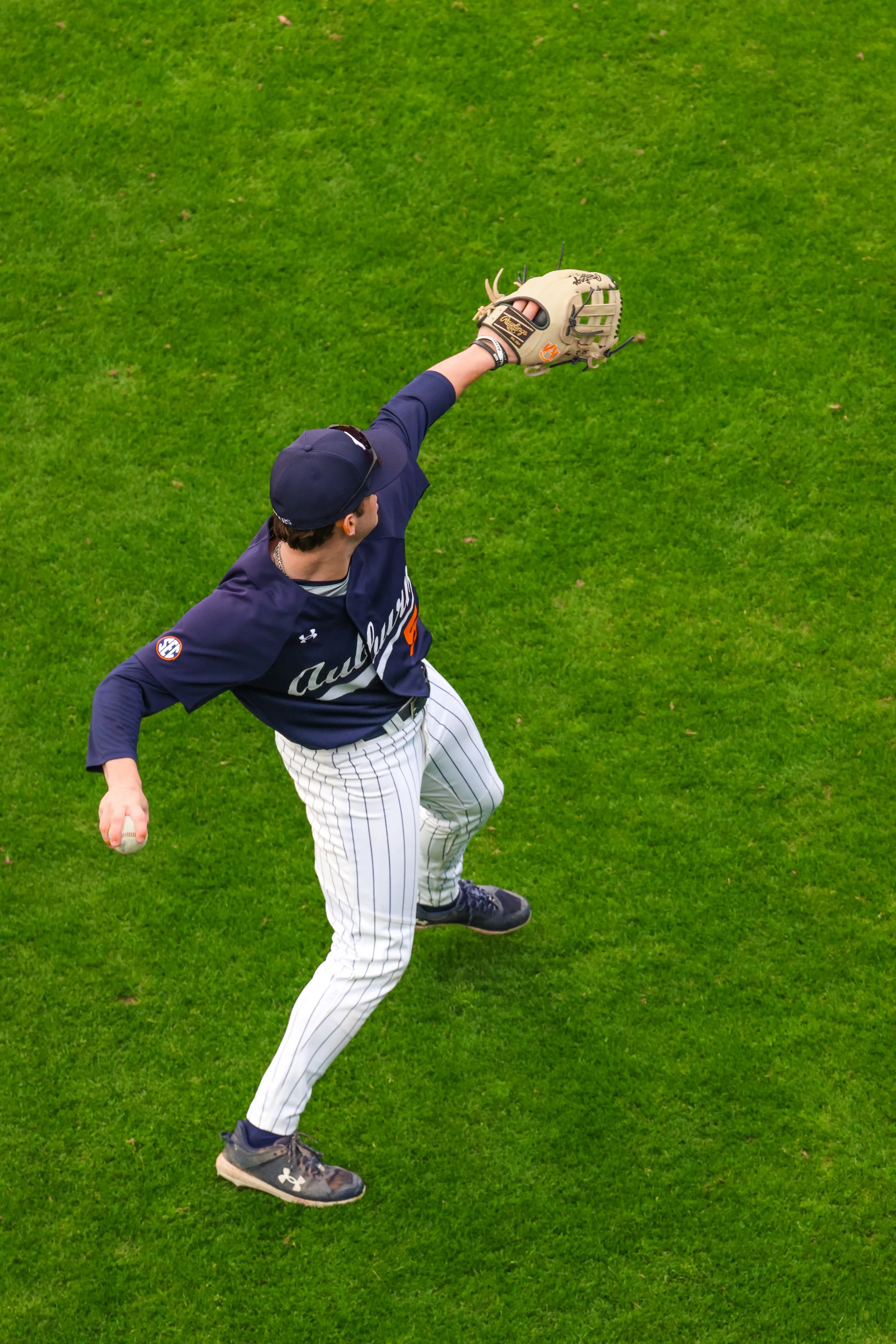 A baseball player in a navy blue jersey and striped pants is preparing to throw the ball on a grassy field.
