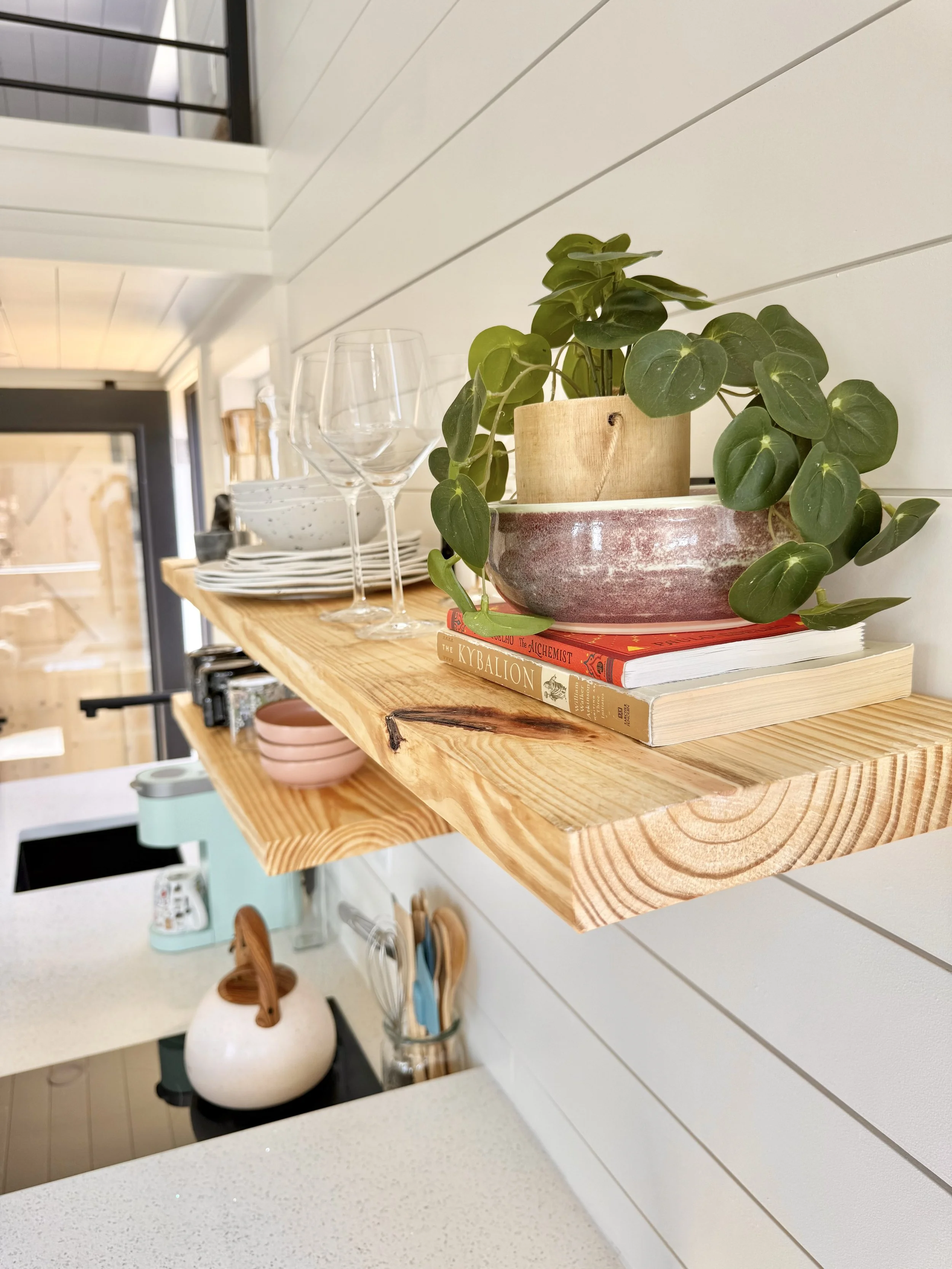 A wooden kitchen shelf holds a potted plant with green leaves, three empty wine glasses, and a stack of books.