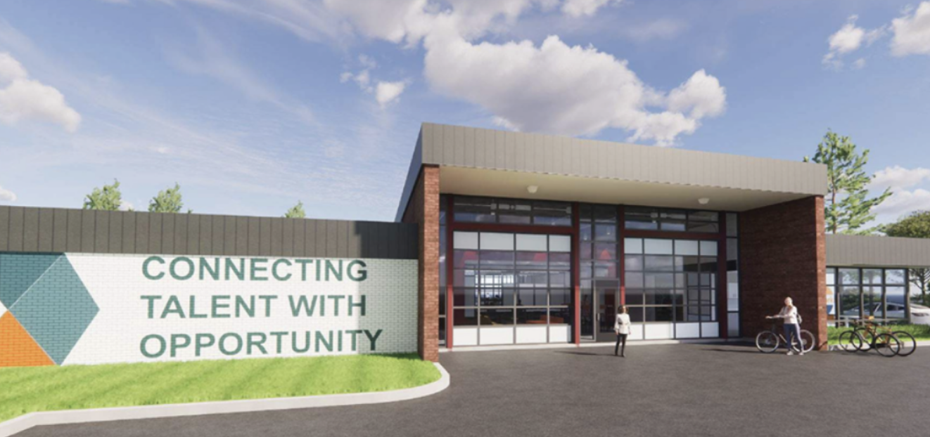 Architectural rendering of a modern building with glass entrance and bicycles outside, displaying a sign that reads 'Connecting Talent with Opportunity'.