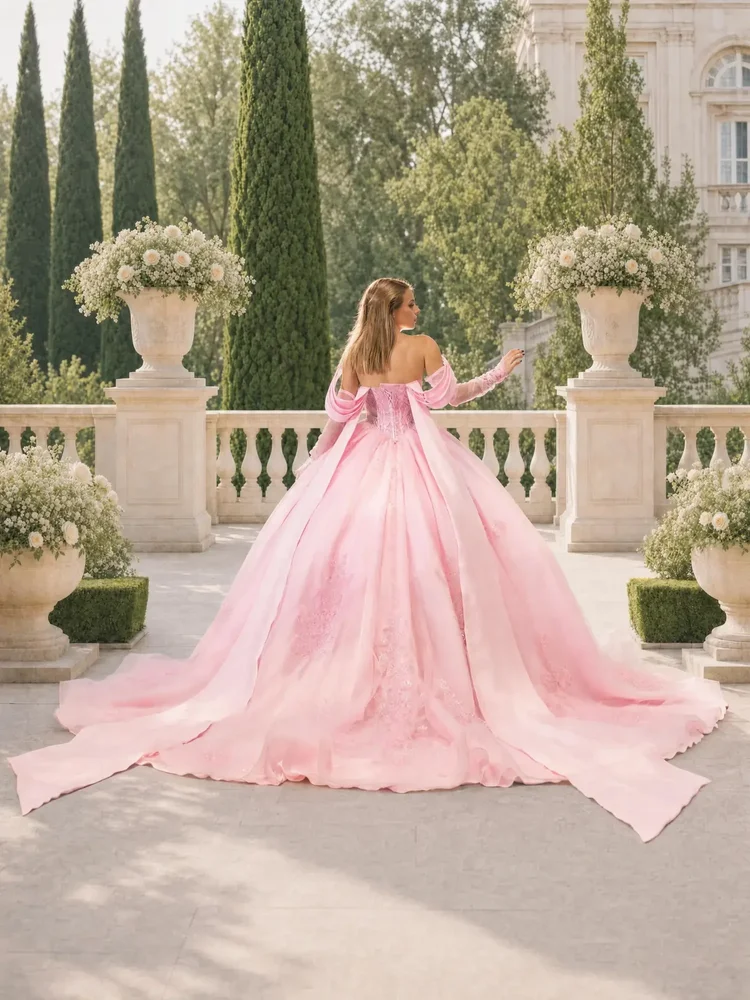 Zalman, vestido de XV años rosa intenso de silueta princesa con drapeado en hombros