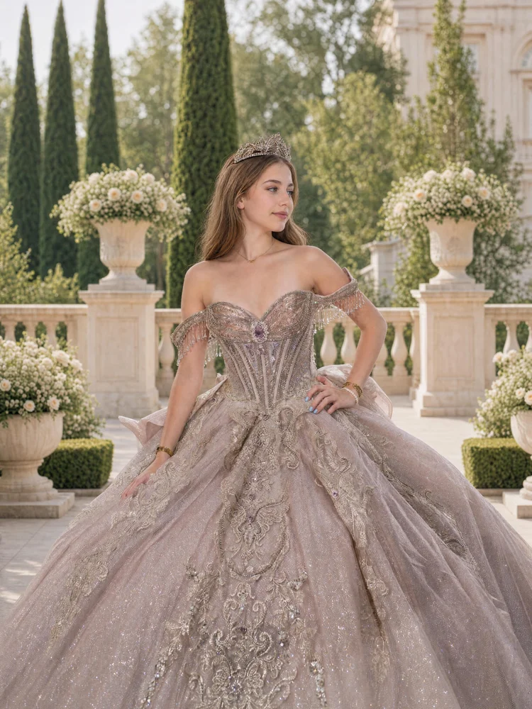 ODELINA – vestido de XV años rosa nude con corsé joya y flecos