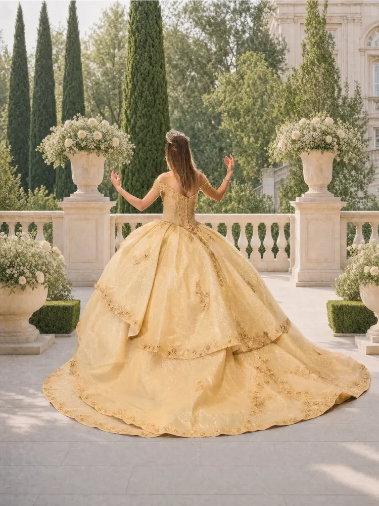 BURDEOS – vestido dorado champaña de quinceañera