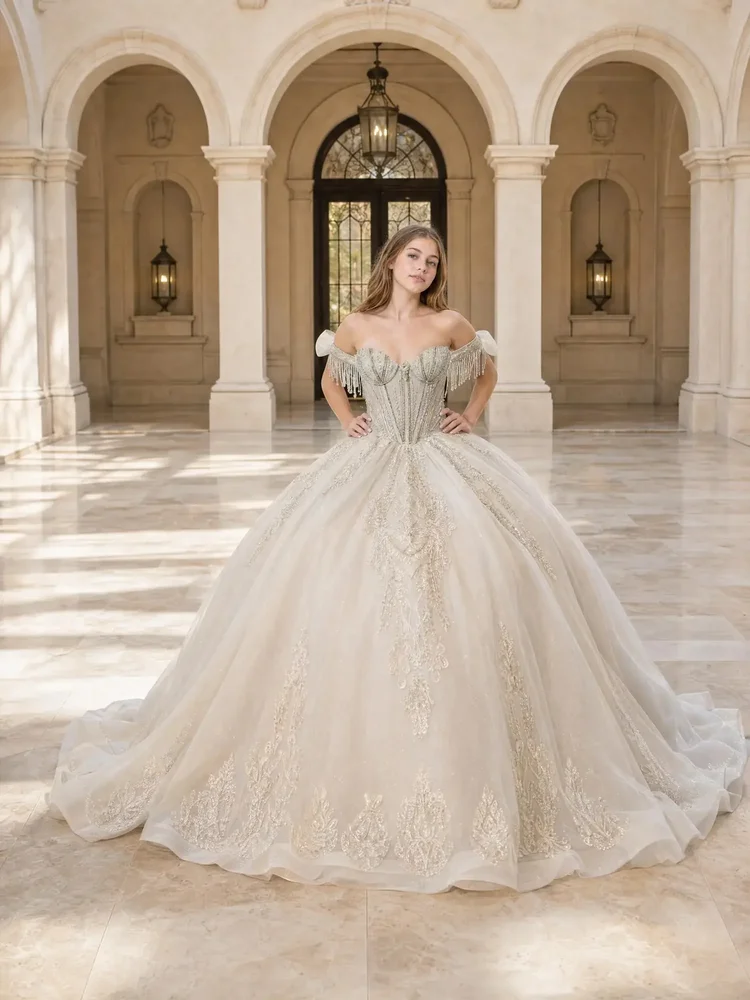 OANA – vestido de quinceañera marfil con detalles plata e iridiscentes