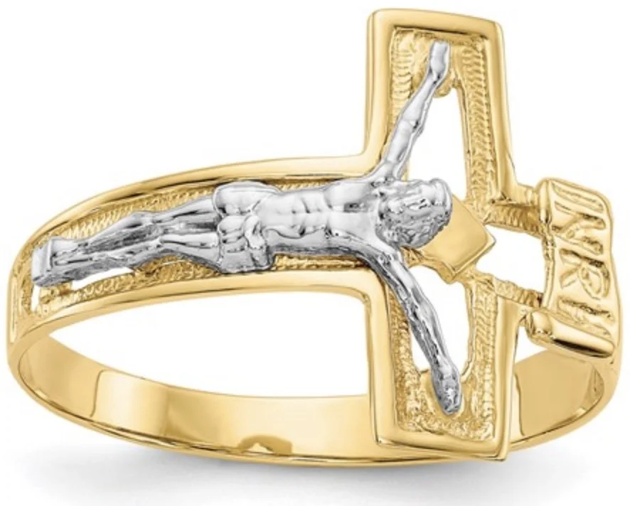 14K Two-tone Mens Polished Crucifix Ring