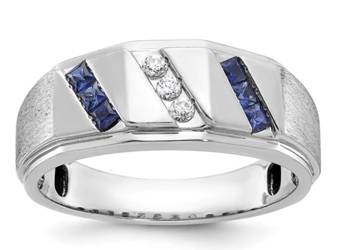 14k White Gold Satin Lab Created Sapphire and 1/10 carat Diamond Complete Mens Ring