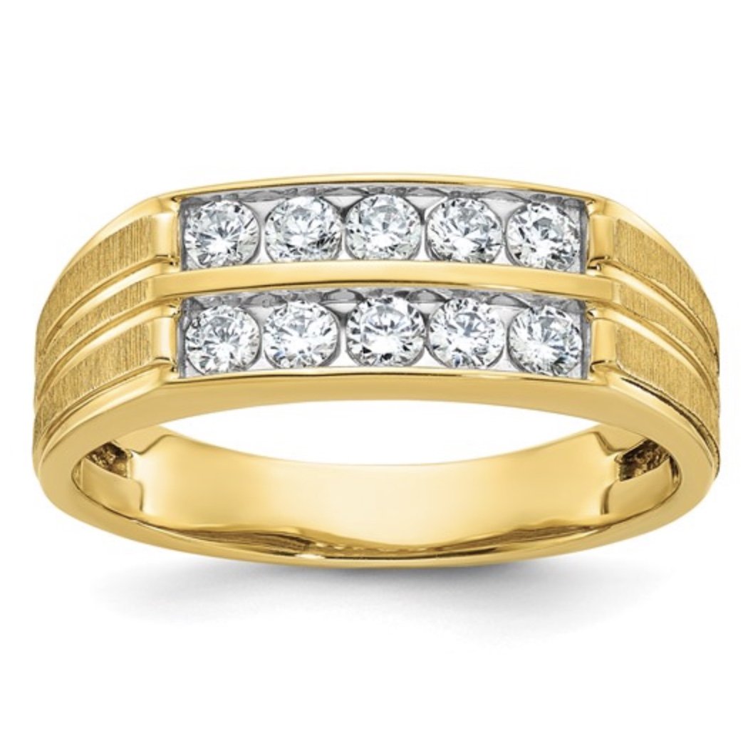 14k Men's Polished Satin and Grooved 2-Row 5/8 Carat AA Quality Diamond Ring