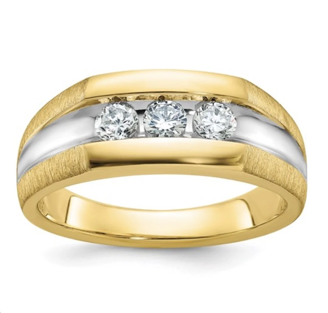 14k with White Rhodium Men's Polished Satin and Grooved 3-Stone 1/2 Carat AA Quality Diamond Ring