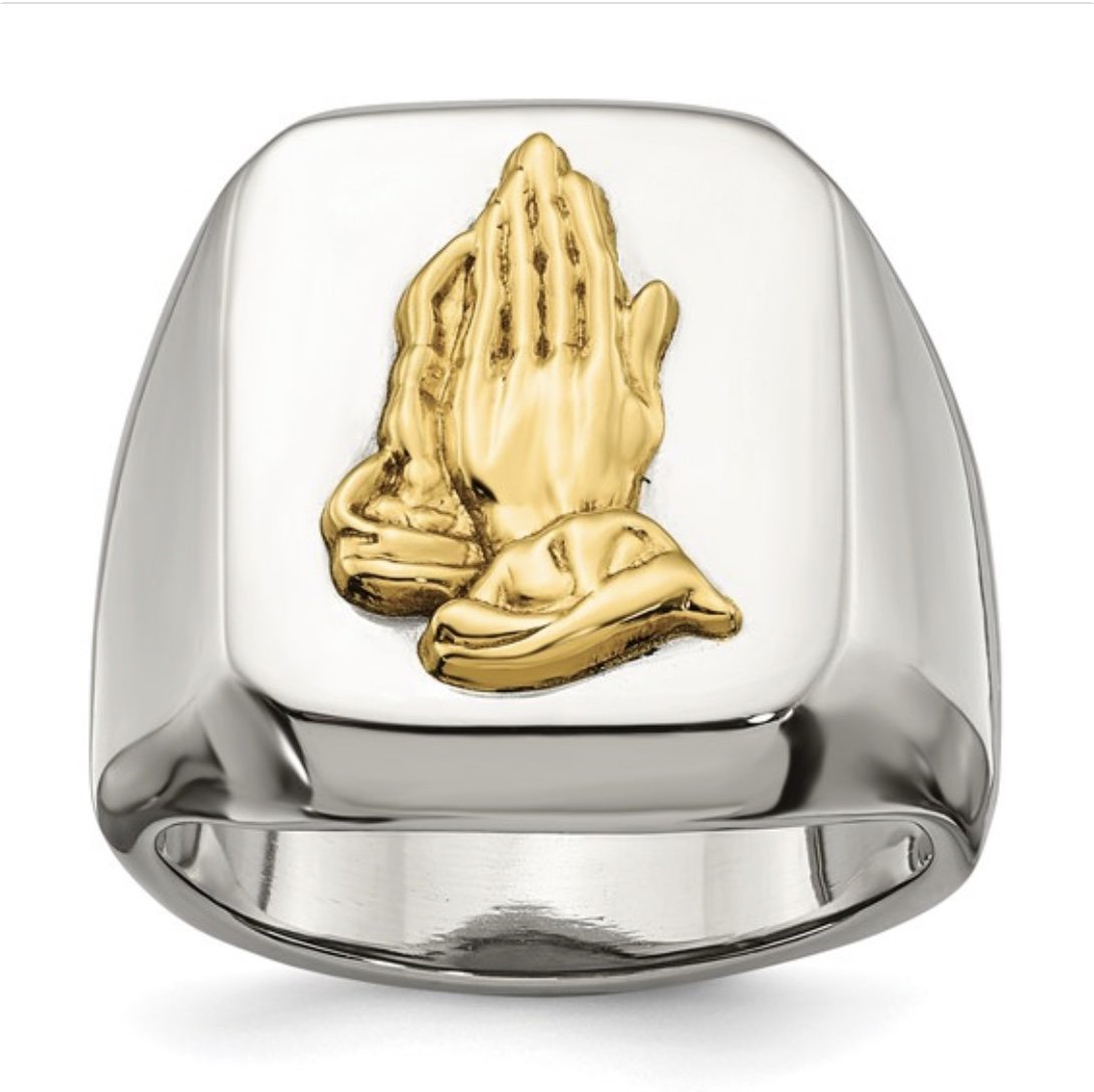 Stainless Steel with 14k Gold Accent Polished Praying Hands Ring