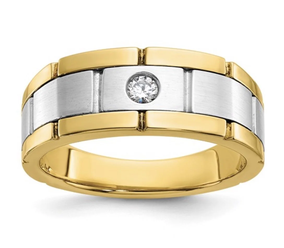 14k Two-tone Men's Polished Satin and Grooved 1/10 Carat AA Quality Diamond Ring