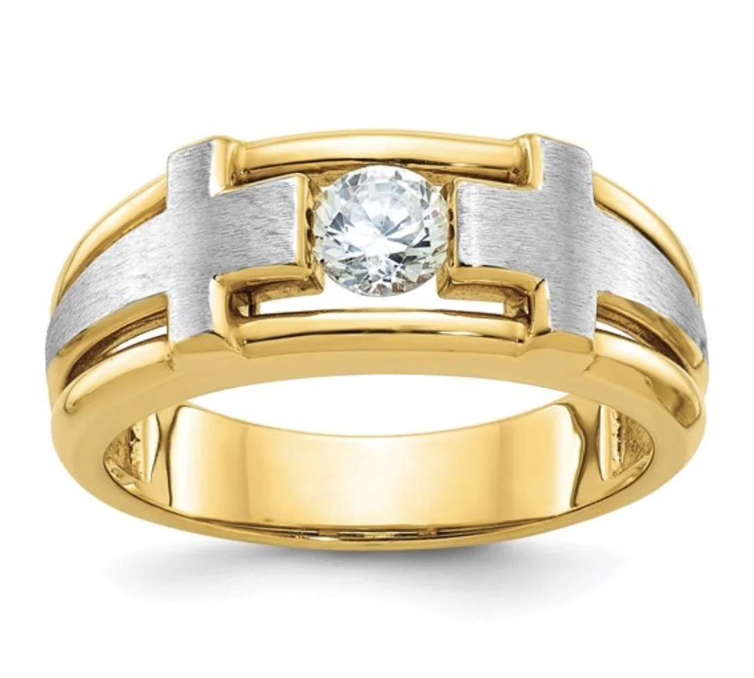 14k Two tone 1/2 carat Lab Grown Diamond VS/SI+ G+ Complete Polished Satin and Cut Out Men's Cross Ring