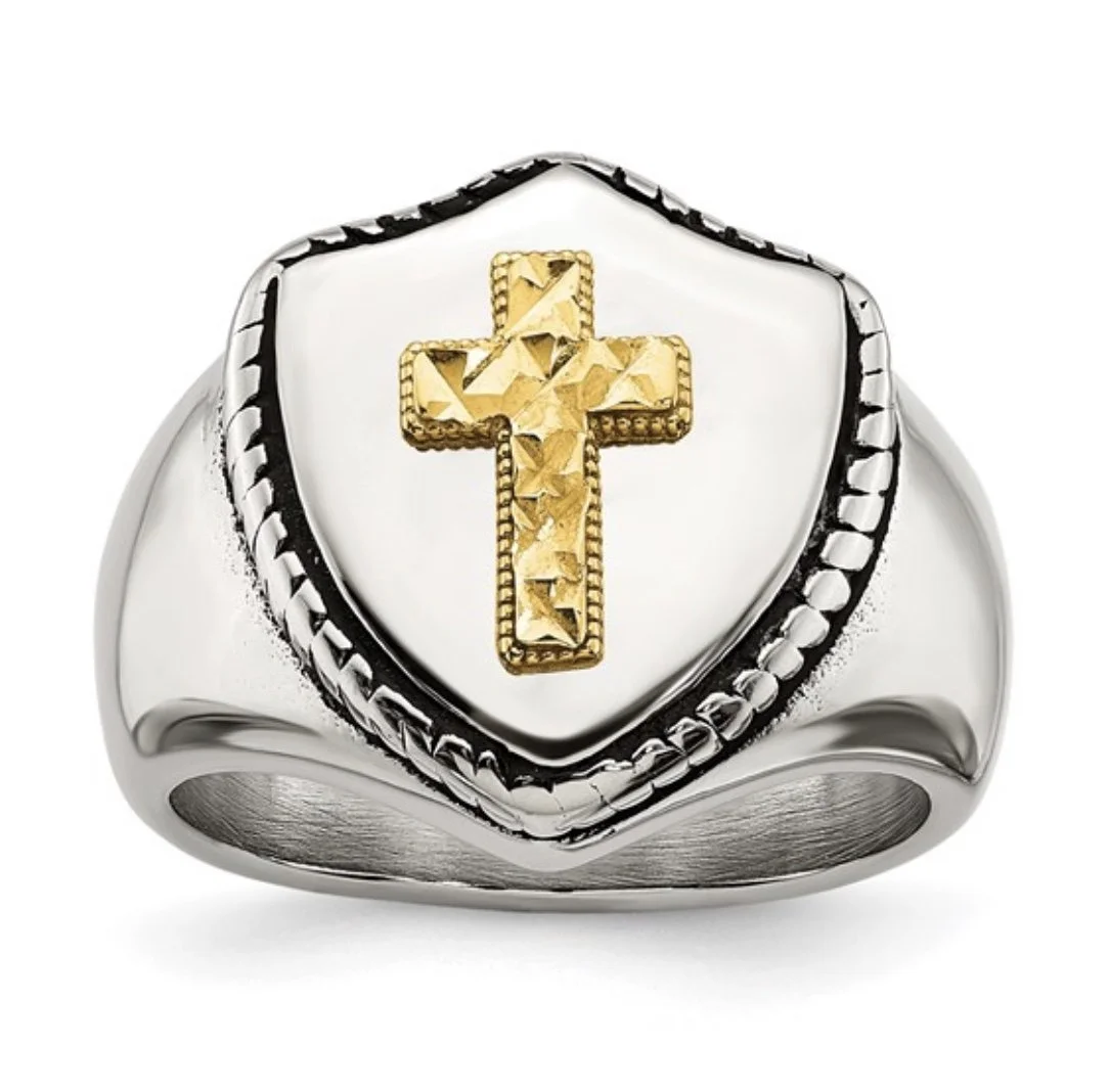 Stainless Steel with 14k Gold Accent Antiqued and Polished Cross on Shield Ring