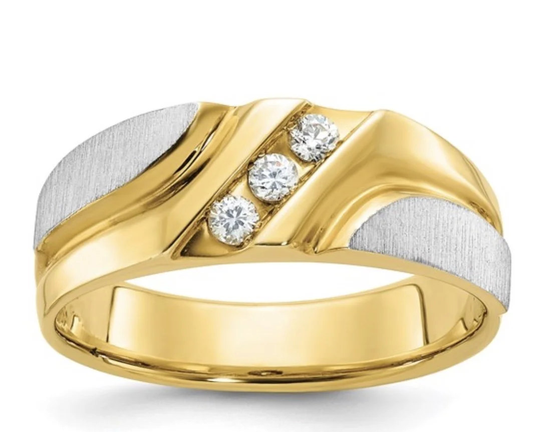 14k Two-tone Men's Polished Satin and Grooved 3-Stone 1/6 Carat AA Quality Diamond Ring