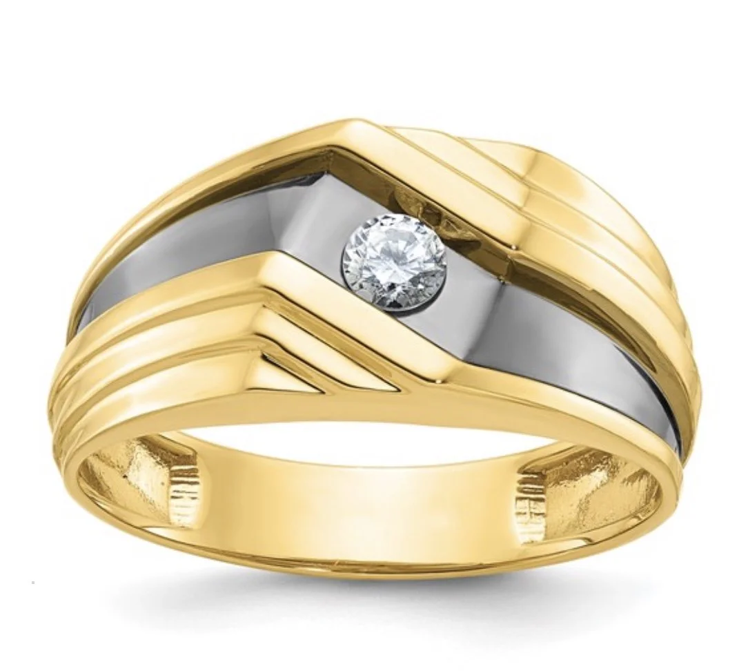 14k with Black Rhodium Men's Polished and Grooved 1/6 Carat AA Quality Diamond Ring