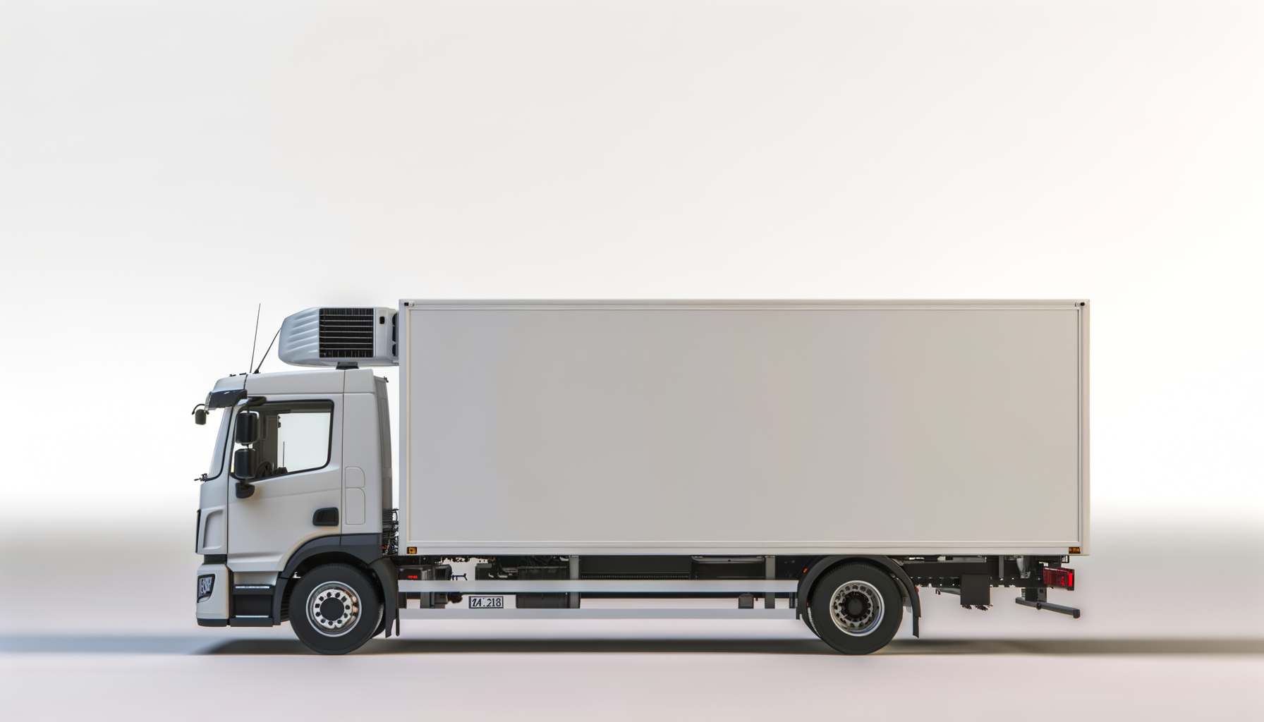 A white refrigerated box truck with a black and silver front cab, viewed in profile against a plain white background.