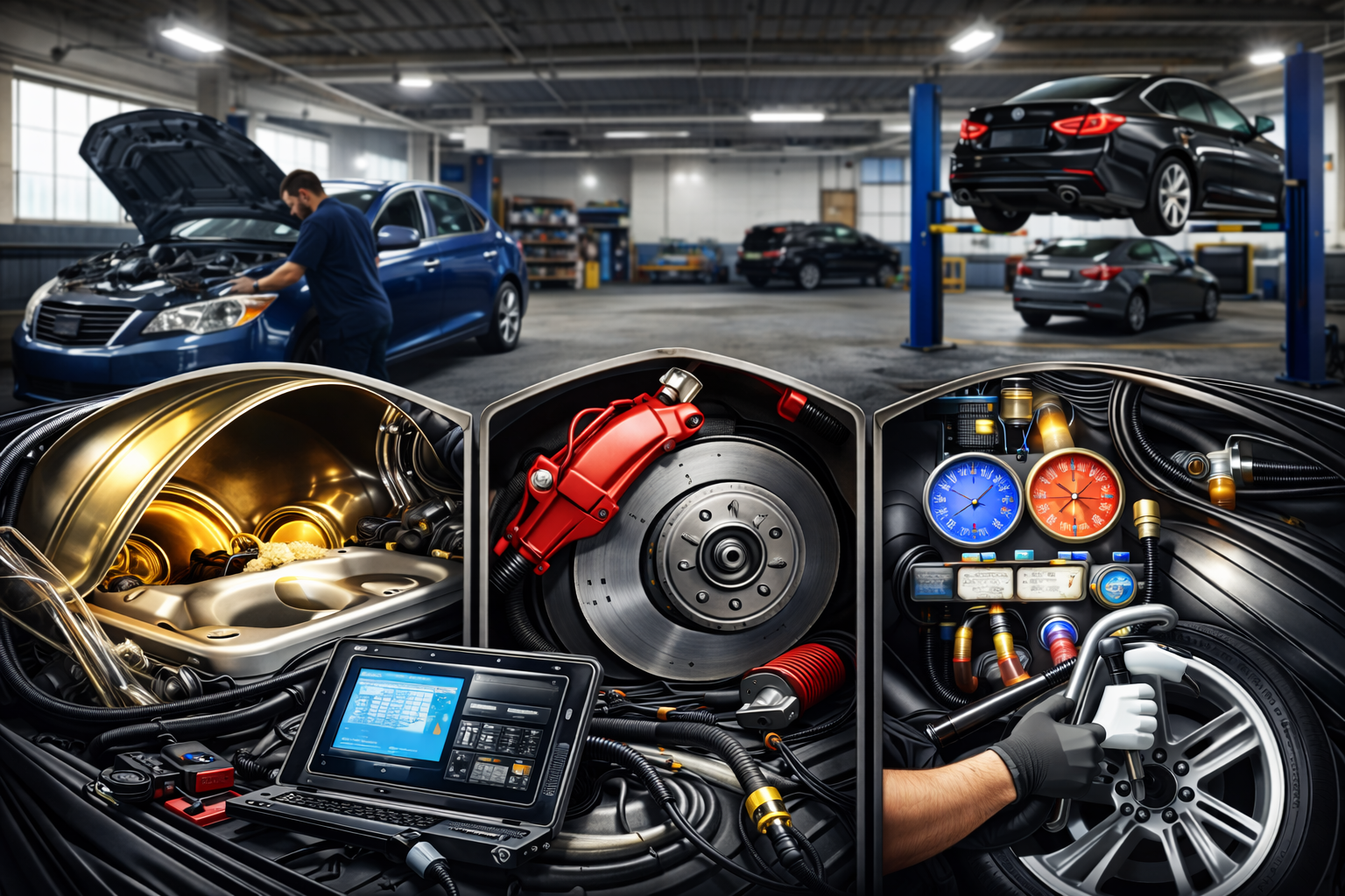 Close-up of a high-tech automotive diagnostic or repair system with various gauges, tools, and computer screens in an auto repair shop. In the background, multiple cars are being serviced, including one with its hood open and a mechanic working on it.