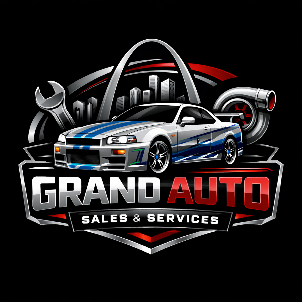 Logo for Grand Auto Sales & Services featuring a silver sports car with blue racing stripes, a cityscape, a large wrench, and a turbocharger in a graphic design.