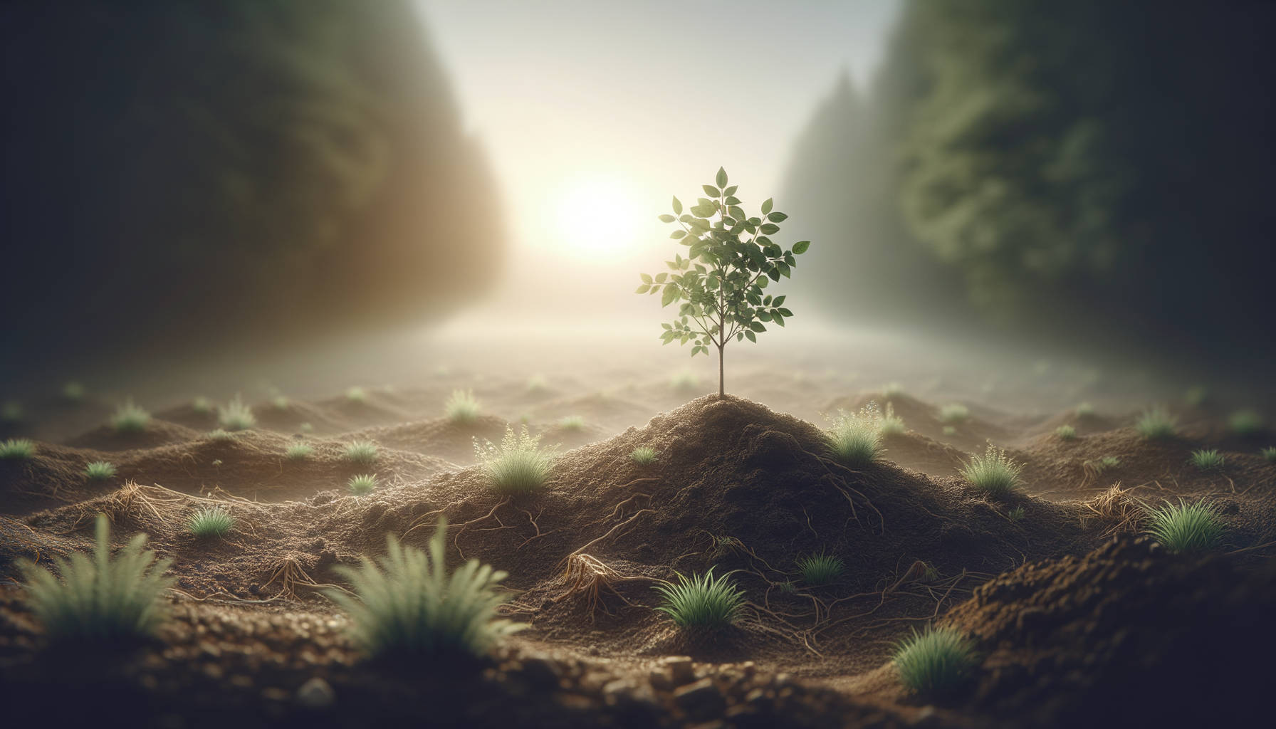 A young tree growing on a mound of dirt in a field, with small green plants scattered around, illuminated by the rising or setting sun in a misty landscape.