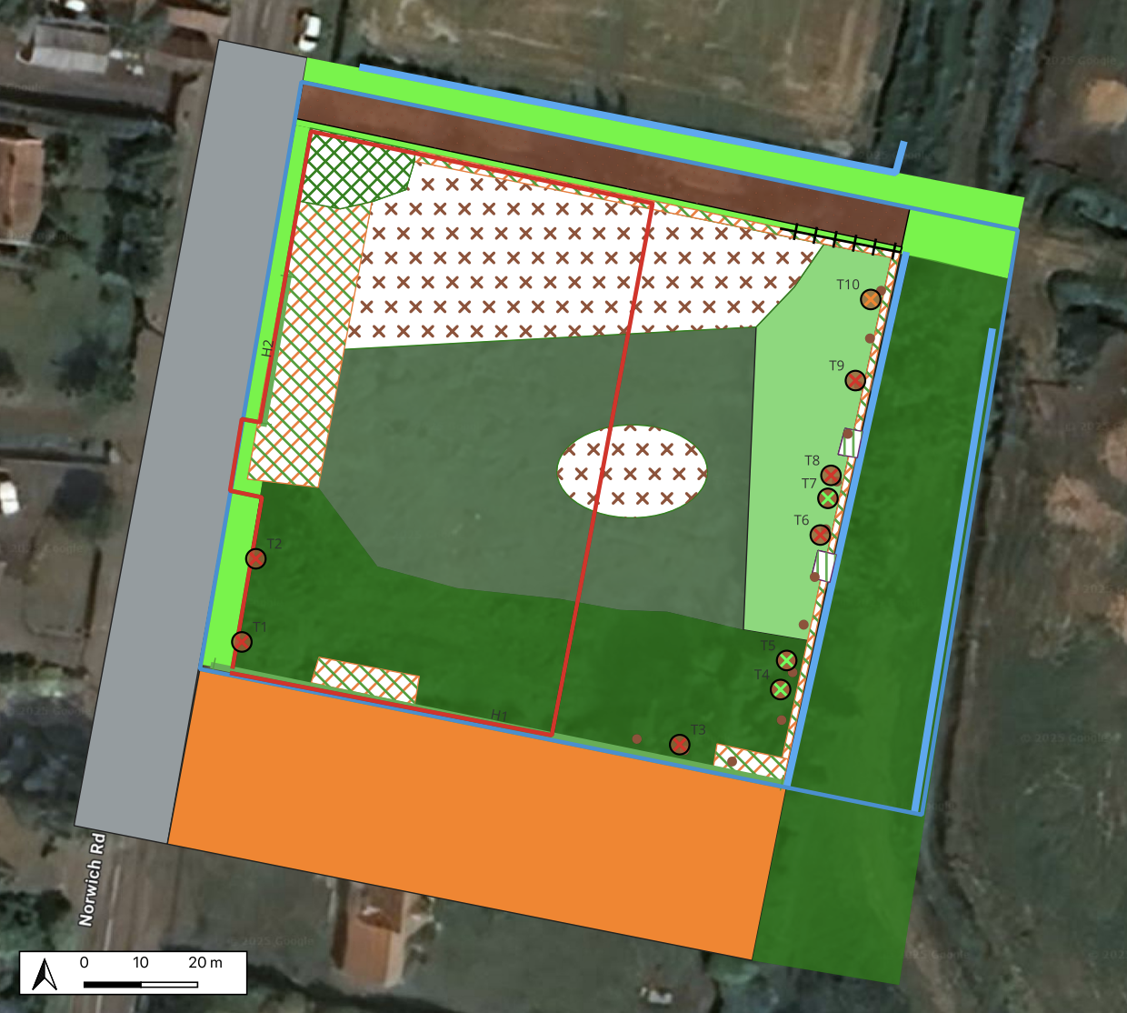 A colored site plan of a sports field or park on a satellite map, showing various zones with different colors and markings, including trees, pathways, and labeled points.