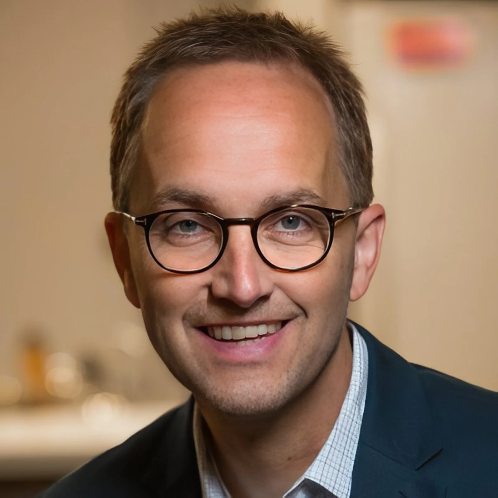 A man with glasses, short brown hair, blue eyes, and light skin, smiling and wearing a dark blazer over a light shirt, in an indoor setting.