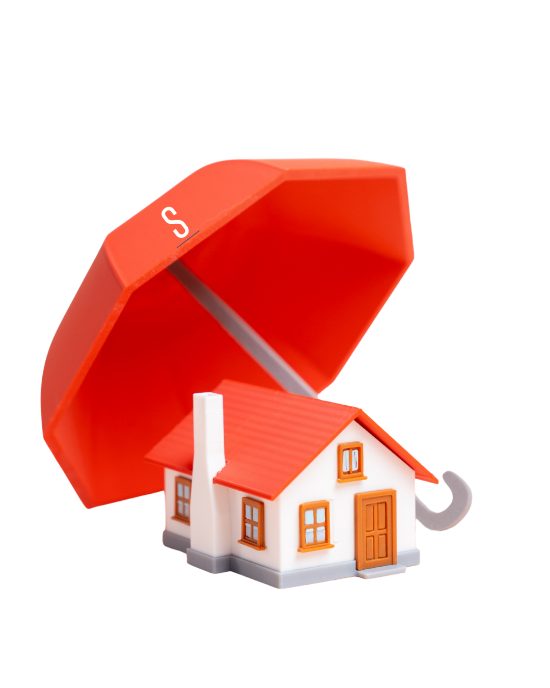 A miniature house with a red roof and white walls, partially covered by a red umbrella with a white 'S' on it.