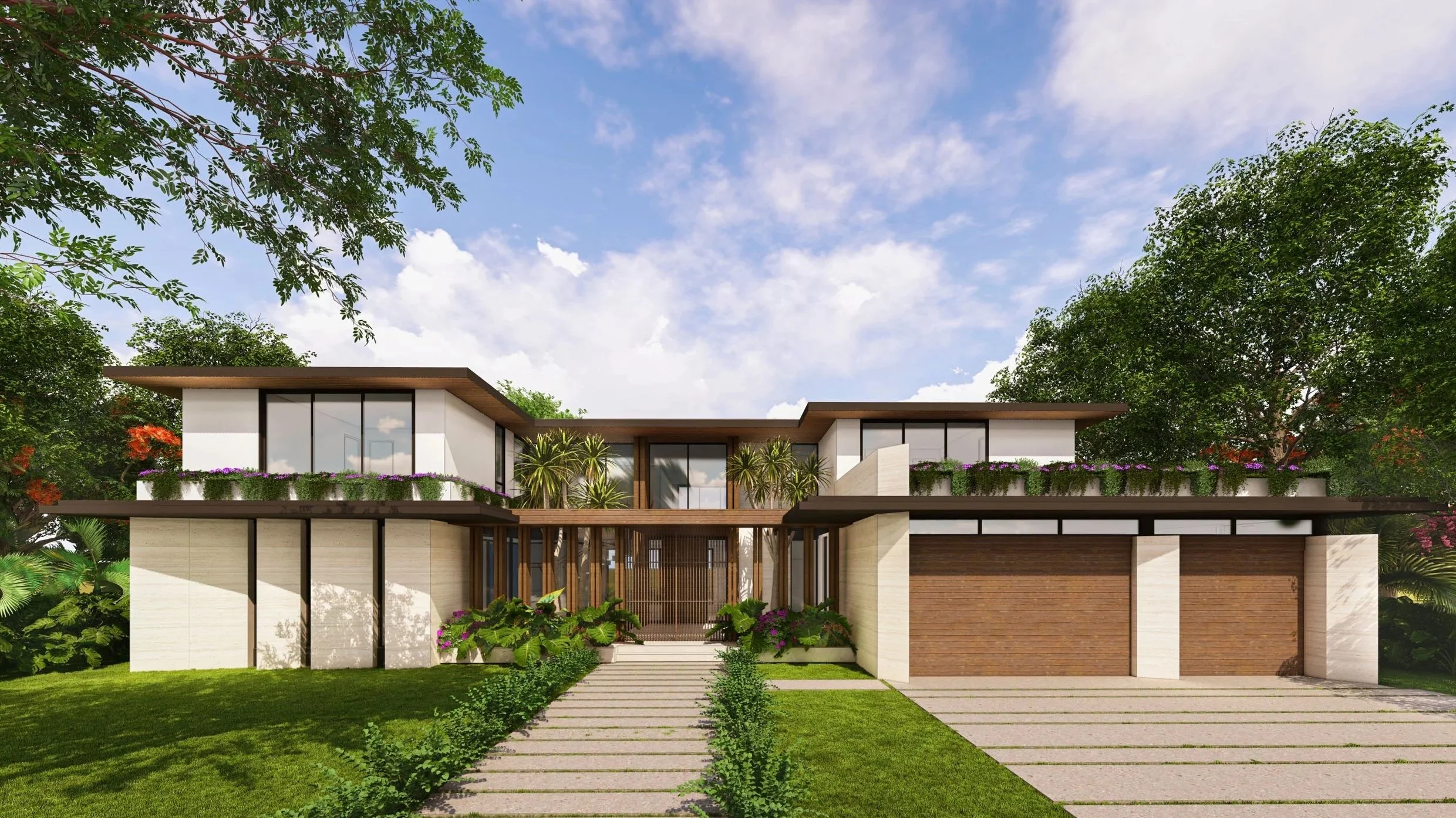 Modern two-story house with large glass windows, wooden accents, a driveway with separated paving stones, surrounded by lush greenery and trees, under a partly cloudy sky.
