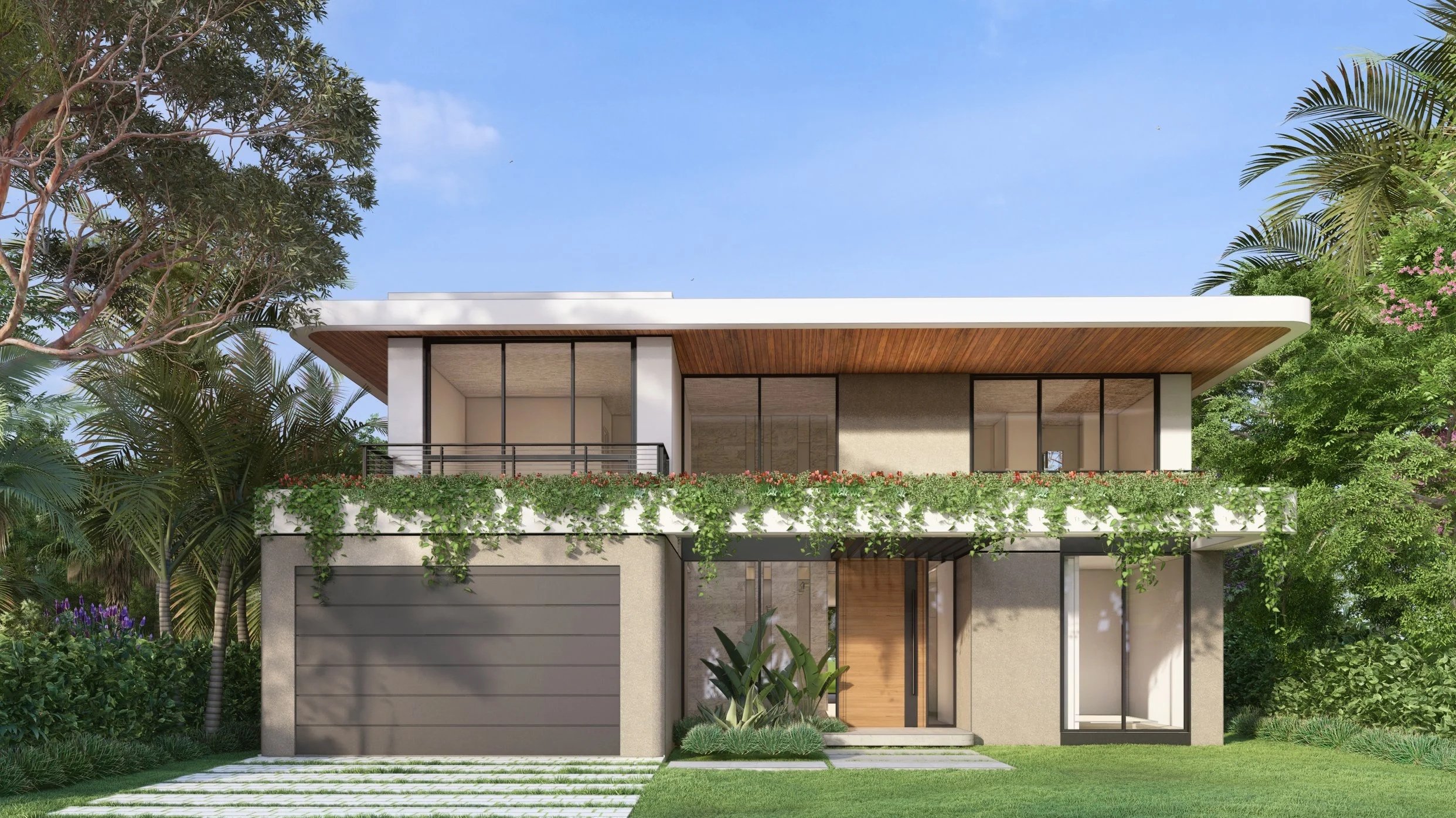 Modern two-story house with large glass windows, a flat roof, and a landscaped yard with plants and trees.