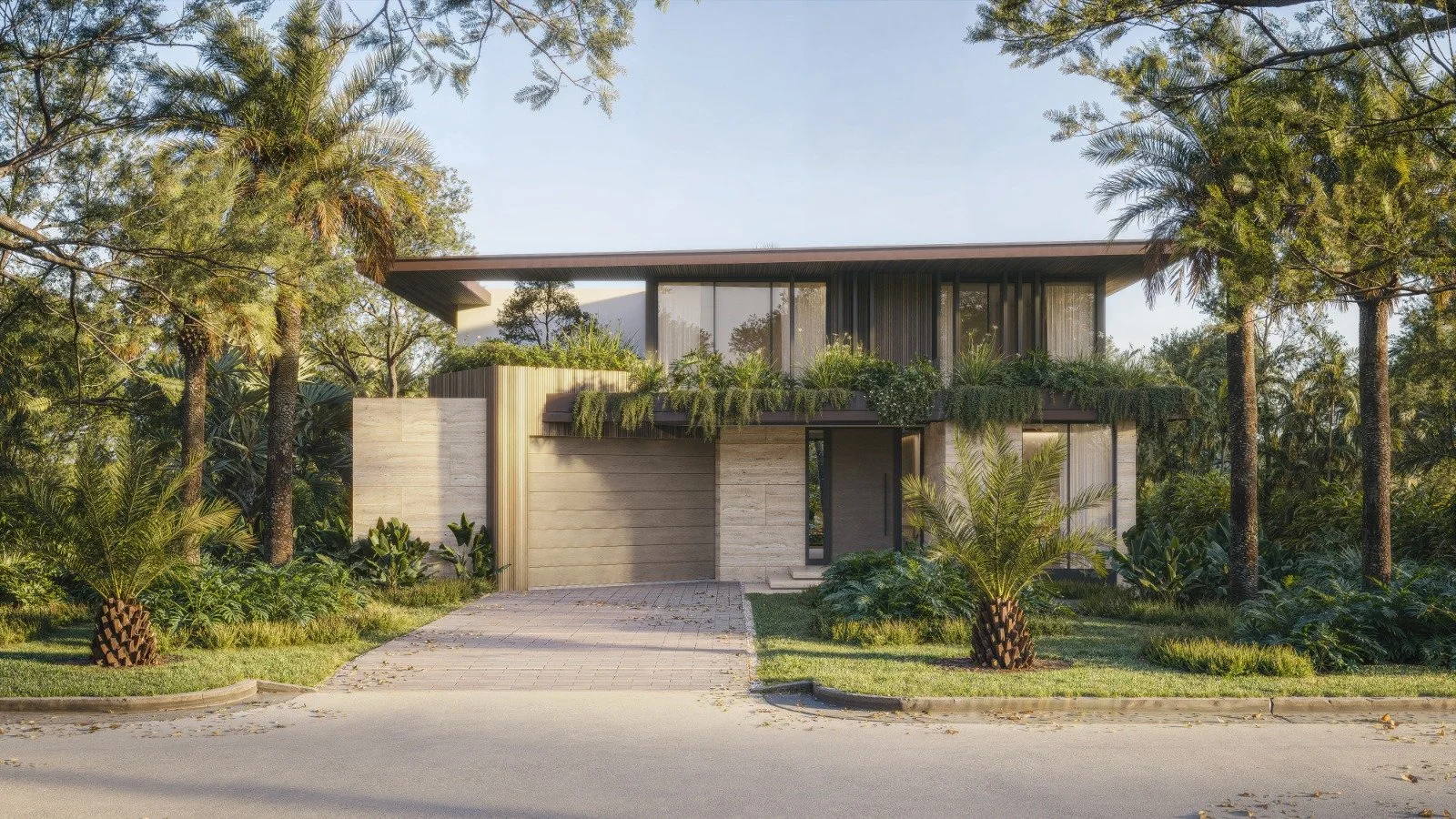 Modern two-story house with large glass windows, surrounded by lush greenery and tall trees, in a warm sunlight setting.