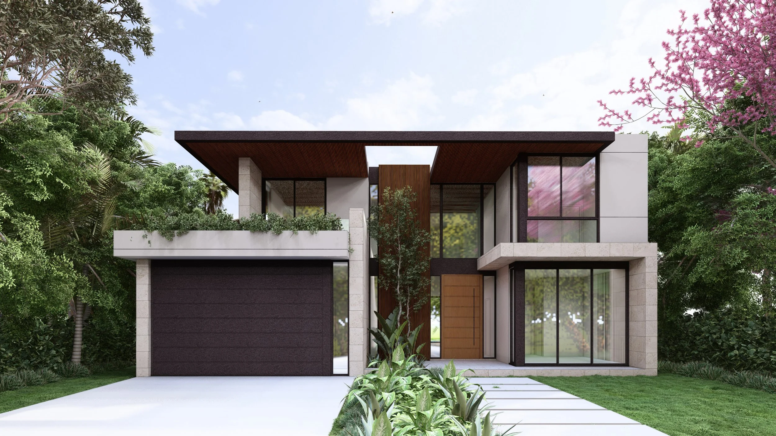 Modern two-story house with large glass windows, a dark garage door, and wooden accents, surrounded by greenery and pink flowering trees.