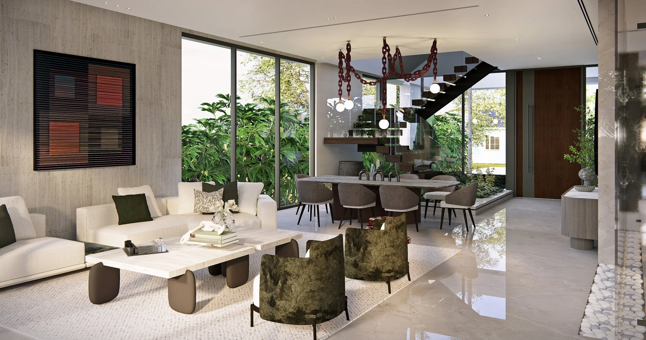 Modern living room and dining area with large glass windows, green leafy plants outside, a staircase with chain railing, a round dining table with chairs, and a white sofa with pillows.